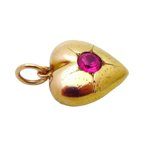Vintage 14K Yellow Gold Starburst Design Heart with Ruby Charm Pendant - Picture 4 of 8